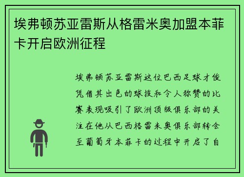埃弗顿苏亚雷斯从格雷米奥加盟本菲卡开启欧洲征程